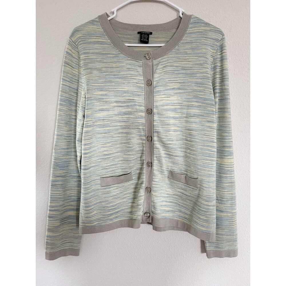 Sandra Silk Green Striped Button Up Cardigan Size XL Academia Cottagecore